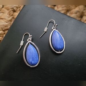 Cobalt Stone Teardrop Dangle Earrings with Silver Toned Hoop
